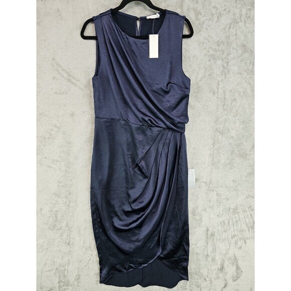 Lush Sheath Dress Womens L Navy Blue Satin Pleated Ruched Elegant Wrap Cocktail - Picture 1 of 7